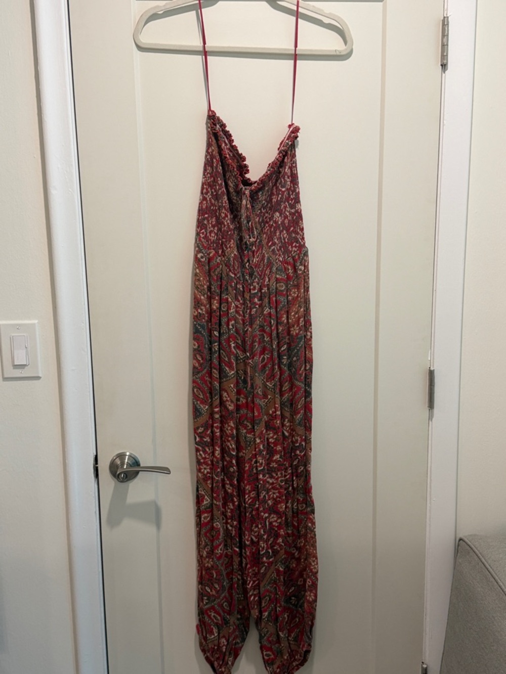 Free People Red Paisley Maxi Jumpsuit with Spaghetti Straps